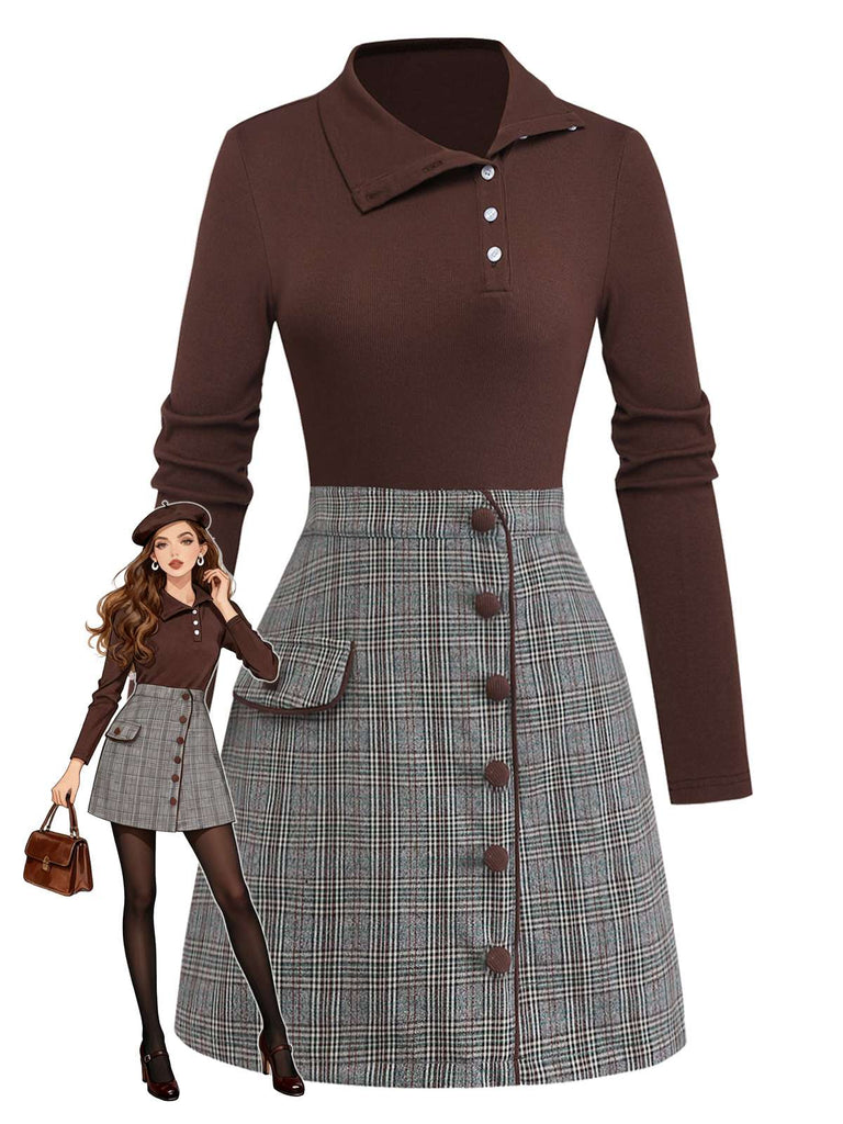 [Prevendita] Abito in maglia a quadri asimmetrico marrone anni '70