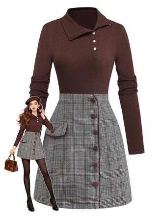 [Prevendita] Abito in maglia a quadri asimmetrico marrone anni '70