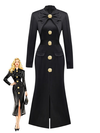 Abito con colletto a fiocco e bottoni e spacco frontale nero anni '30
