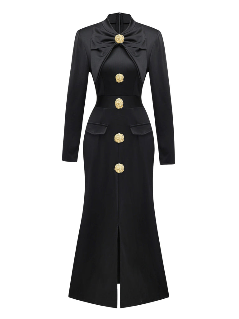 Abito con colletto a fiocco e bottoni e spacco frontale nero anni '30