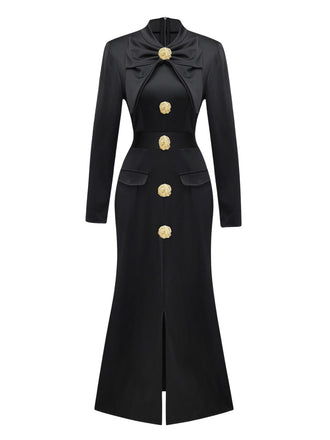 Abito con colletto a fiocco e bottoni e spacco frontale nero anni '30