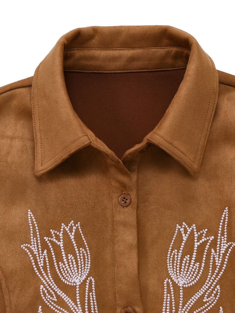 Abito in finta pelle scamosciata con ricami floreali marrone anni '70