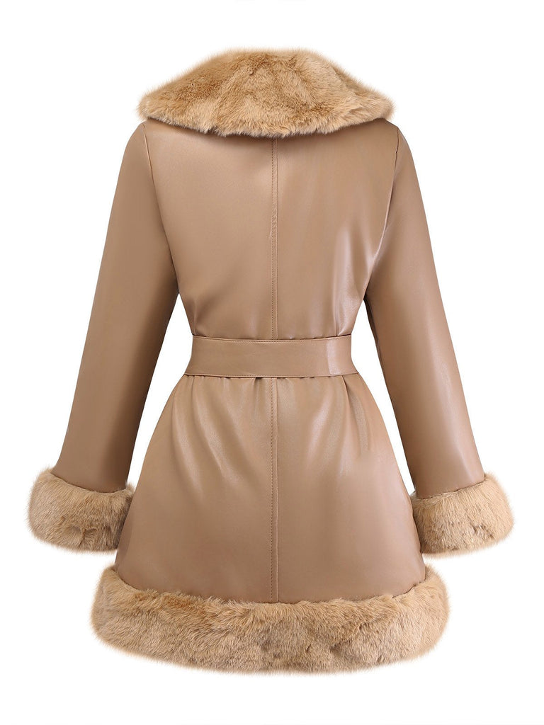 Cappotto in similpelle con collo in pelliccia sintetica cachi anni '40