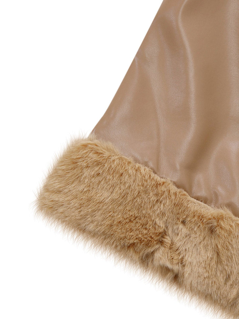 Cappotto in similpelle con collo in pelliccia sintetica cachi anni '40