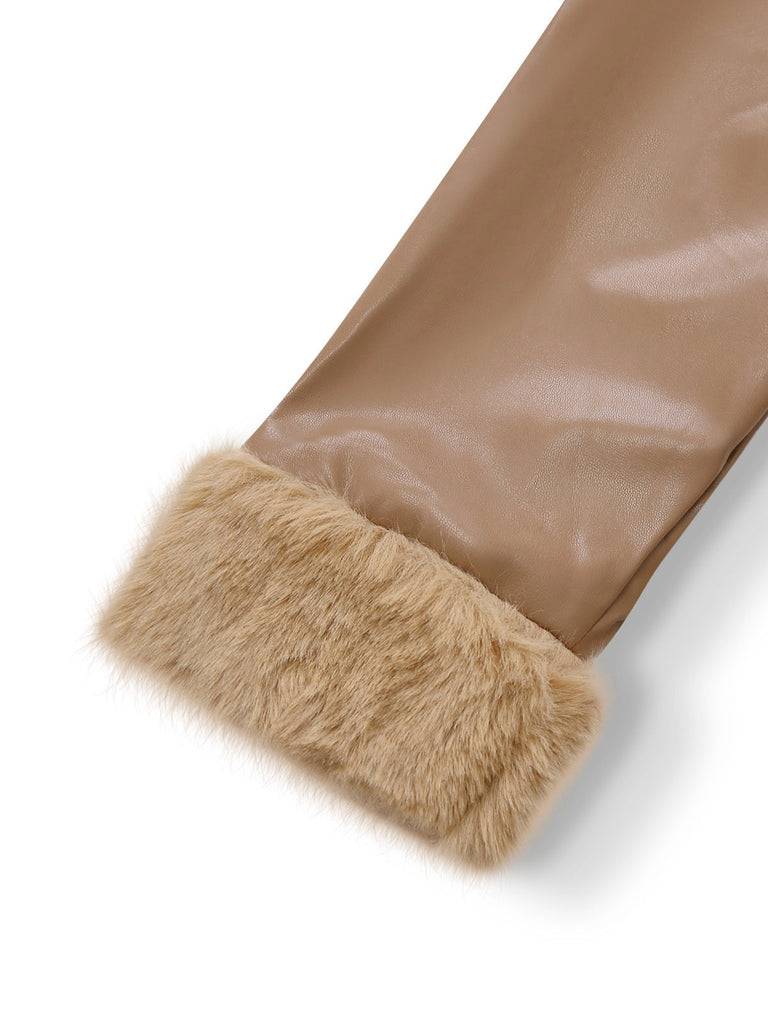 Cappotto in similpelle con collo in pelliccia sintetica cachi anni '40