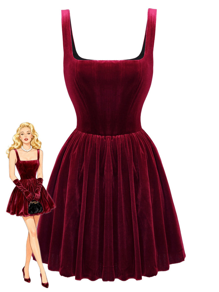 Mini abito in velluto con scollo quadrato anni '70