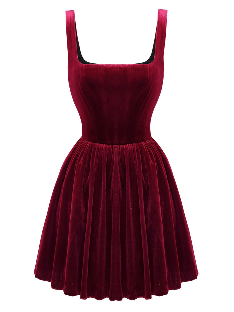 Mini abito in velluto con scollo quadrato anni '70