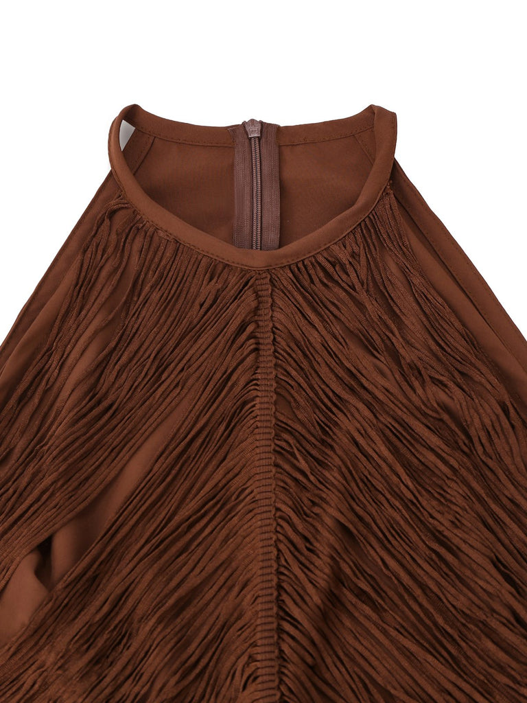 Abito senza maniche con frange in tinta unita caffè anni '20