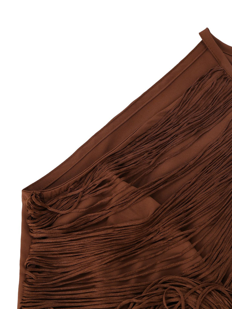 Abito senza maniche con frange in tinta unita caffè anni '20