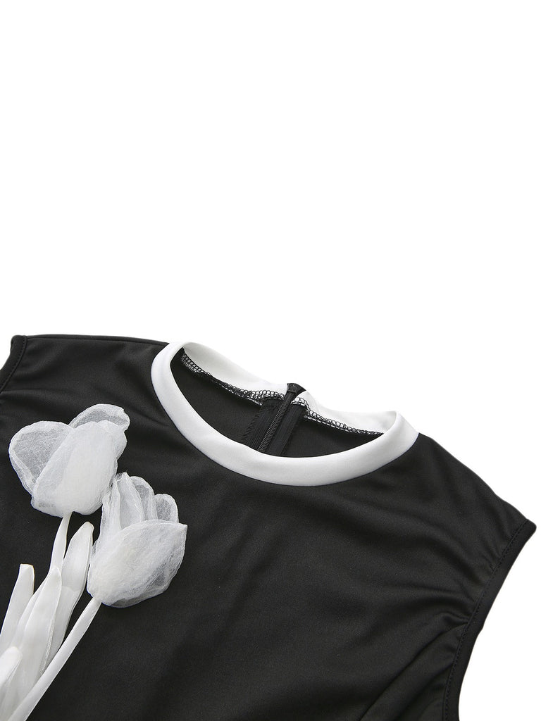 Tuta lunga con stampa floreale 3D e maniche annodate nero anni '50