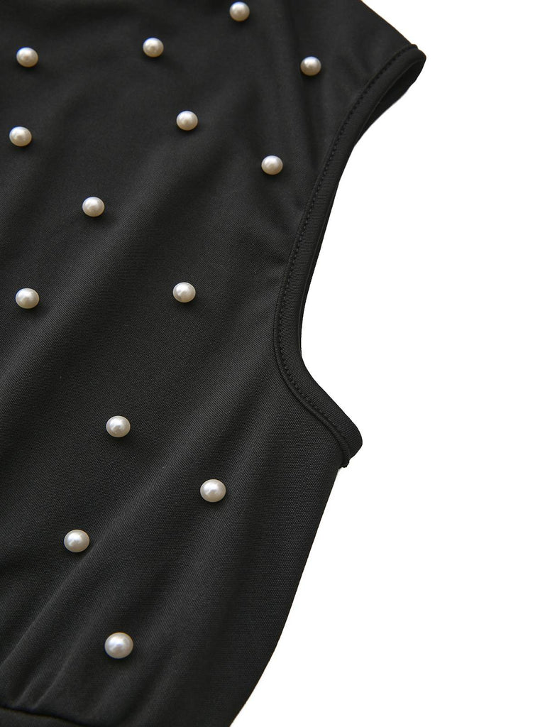 Tuta lunga con perline di perle e cintura a fiocco nero anni '50