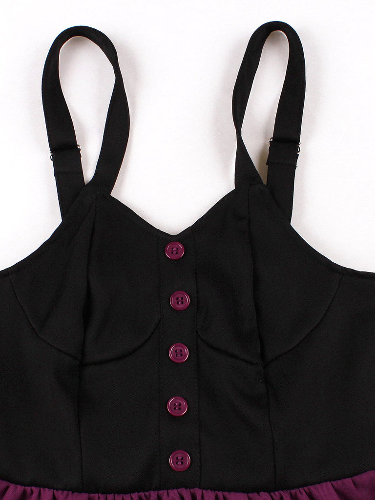 Abito a ruota stile gatto con spalline larghe rosso violaceo anni '50