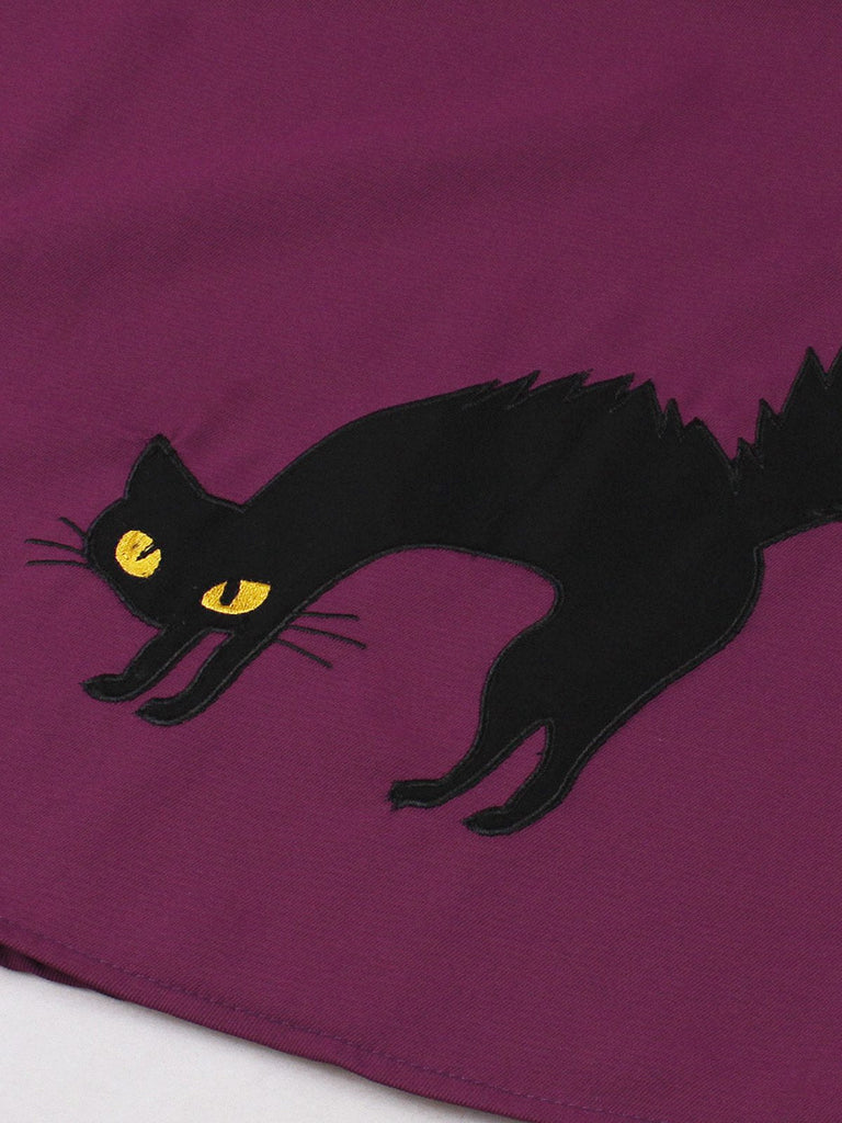 Abito a ruota stile gatto con spalline larghe rosso violaceo anni '50