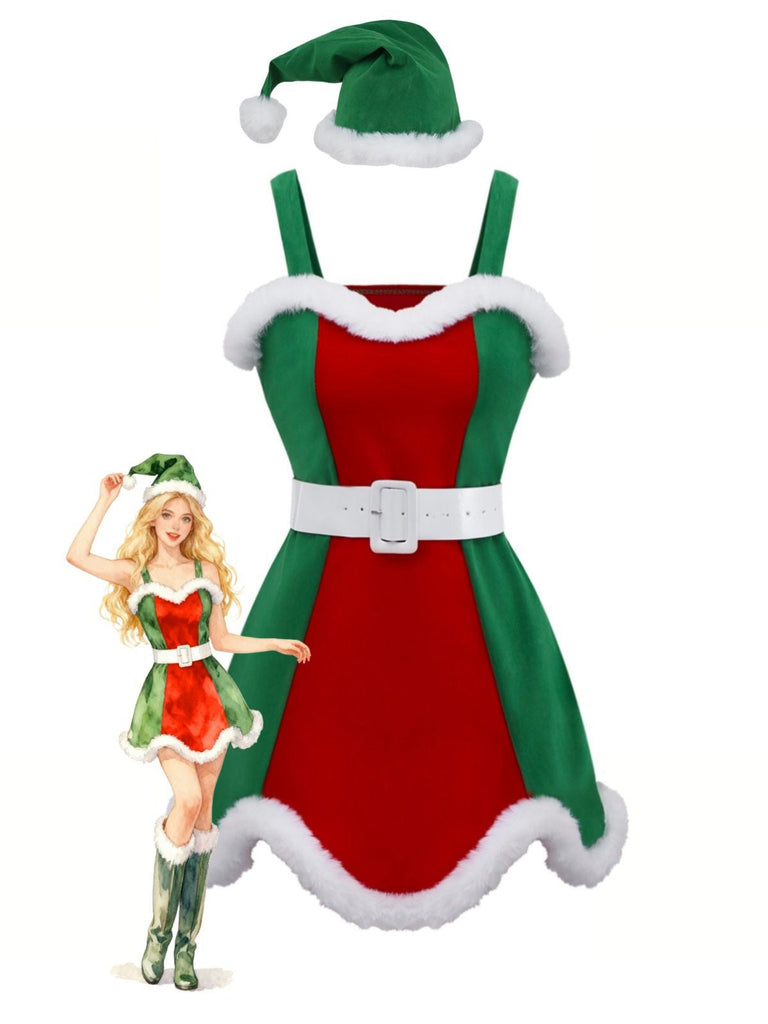Completo di abiti natalizi in peluche rosso e verde anni '60