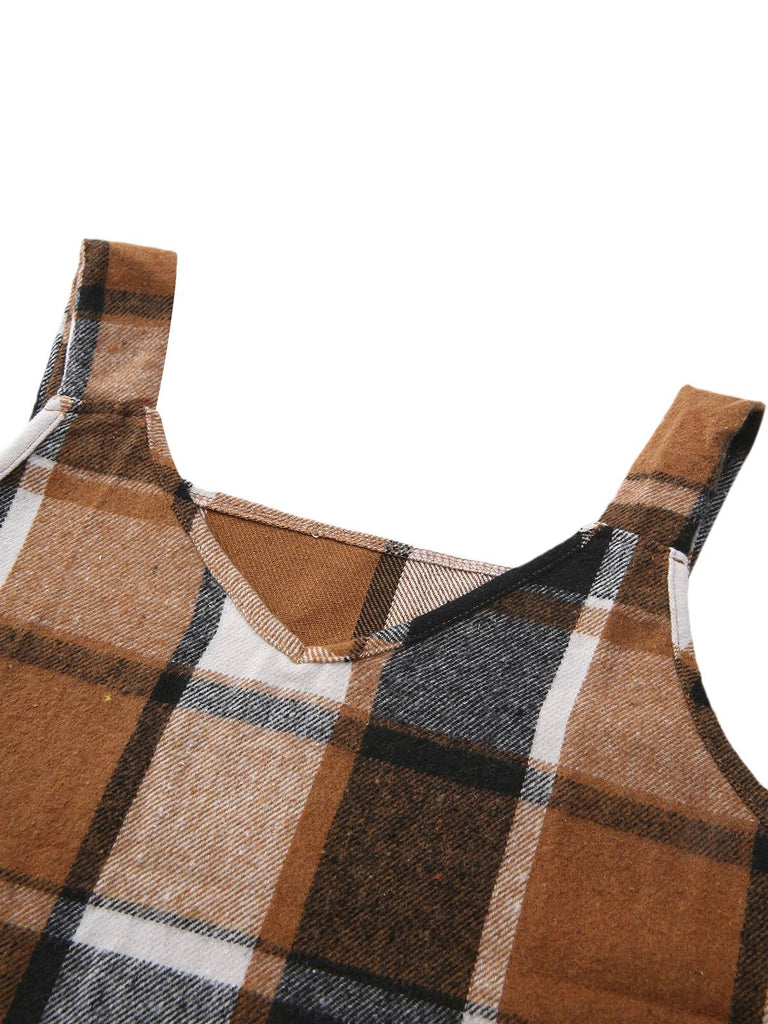 Abito aderente a quadri con scollo a V e tasche marrone anni '70