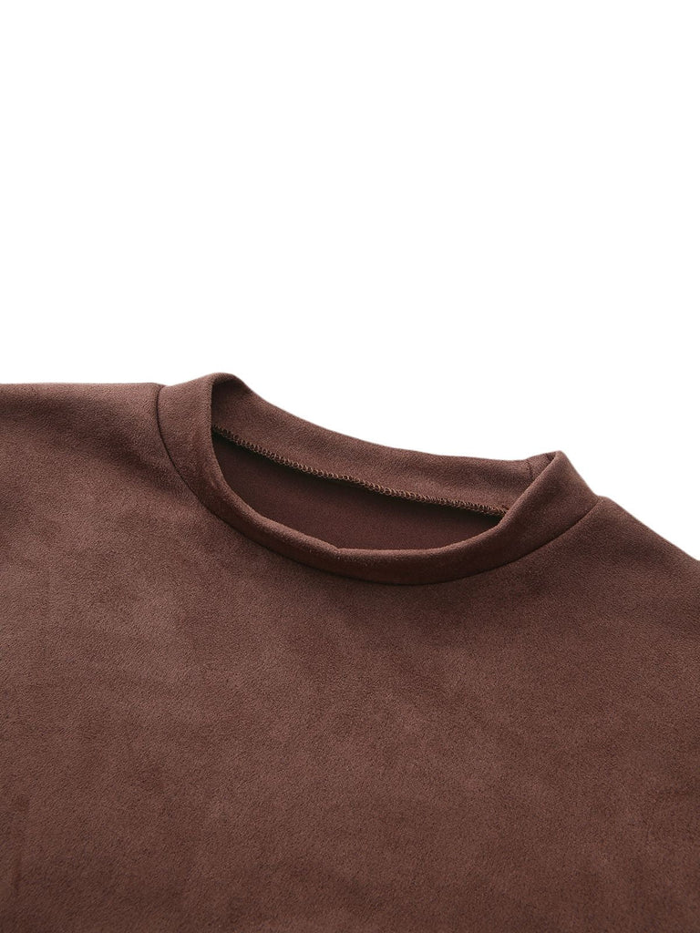 Abito a maniche lunghe con scollo tondo e cintura marrone anni '70