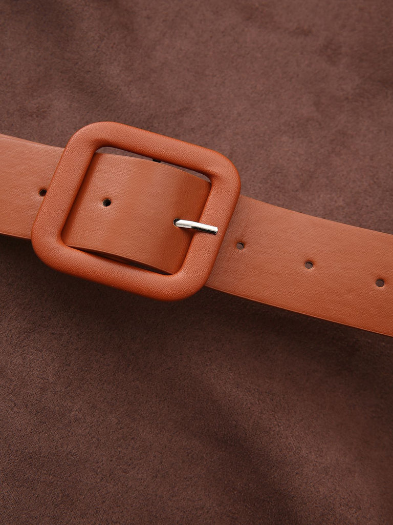 Abito a maniche lunghe con scollo tondo e cintura marrone anni '70