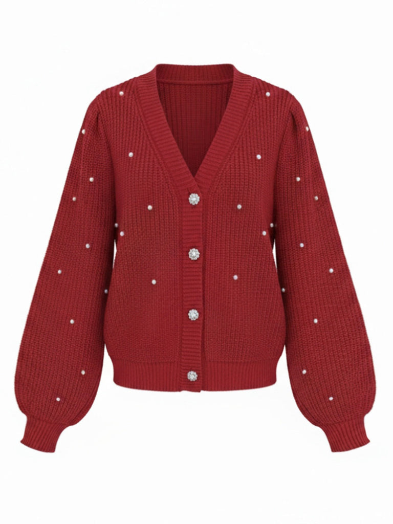 Cardigan largo in maglia con perline di perle rosse anni '50