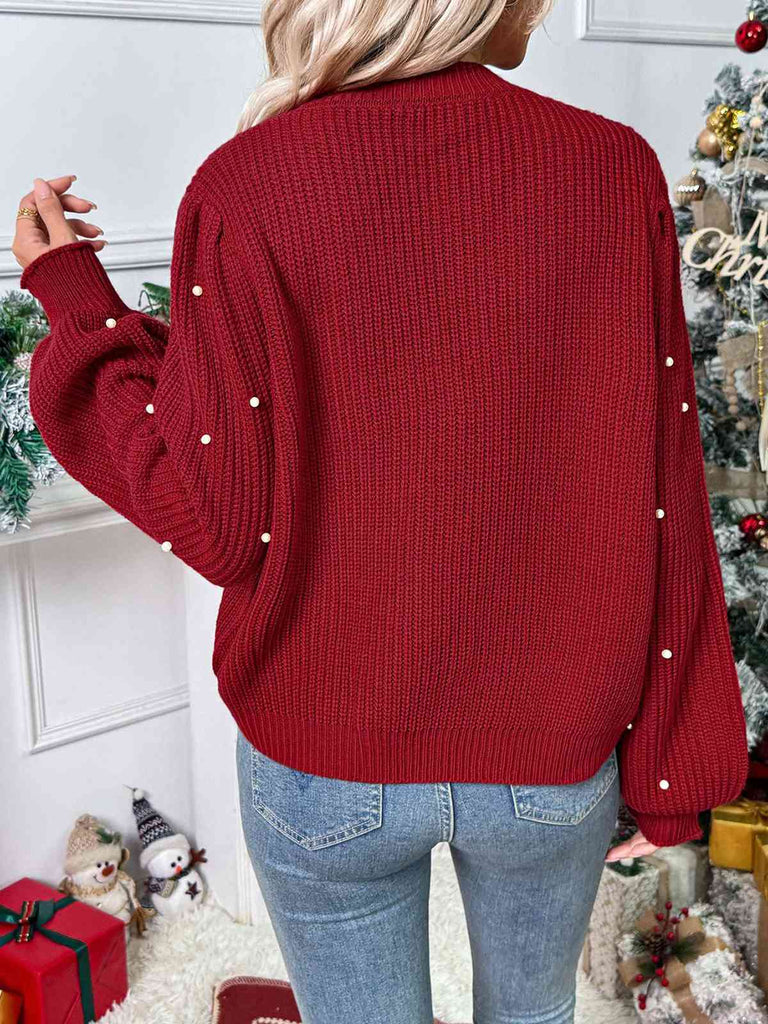 Cardigan largo in maglia con perline di perle rosse anni '50