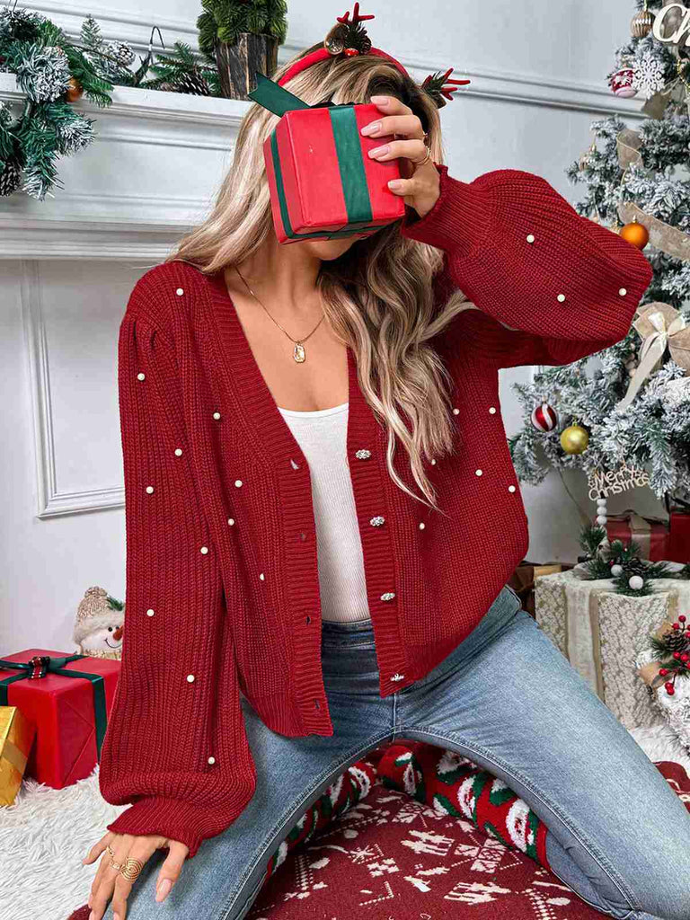 Cardigan largo in maglia con perline di perle rosse anni '50