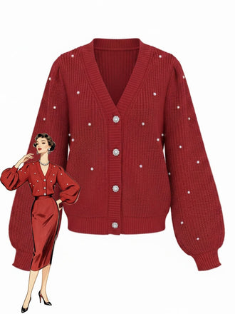 Cardigan largo in maglia con perline di perle rosse anni '50