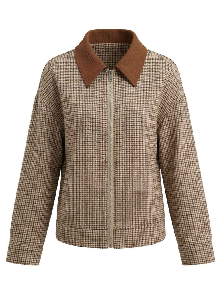 Giacca con cerniera a quadri con risvolto marrone anni '50
