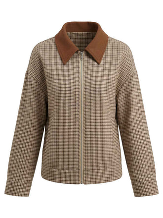 Giacca con cerniera a quadri con risvolto marrone anni '50