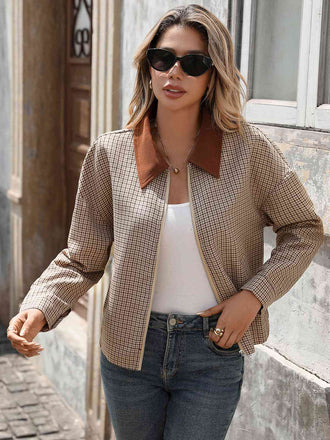 Giacca con cerniera a quadri con risvolto marrone anni '50