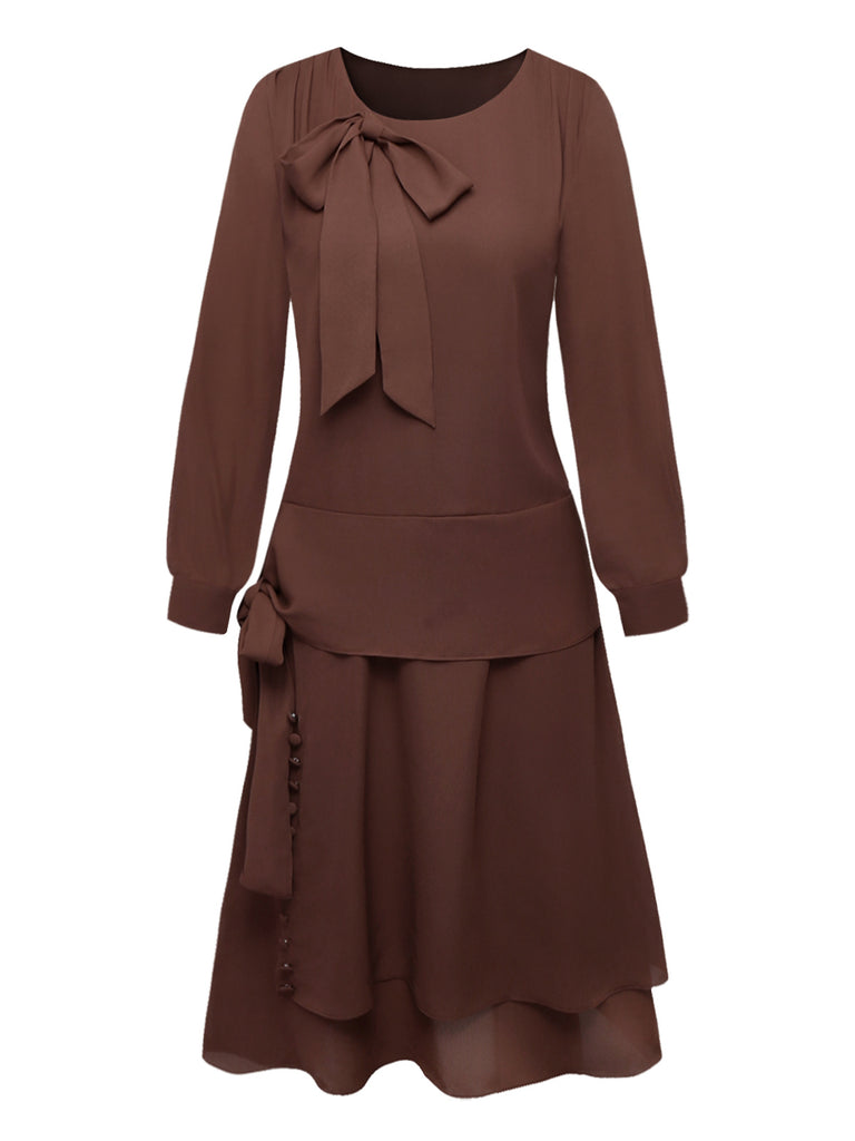 Abito con fiocco e cintura in vita marrone anni '20