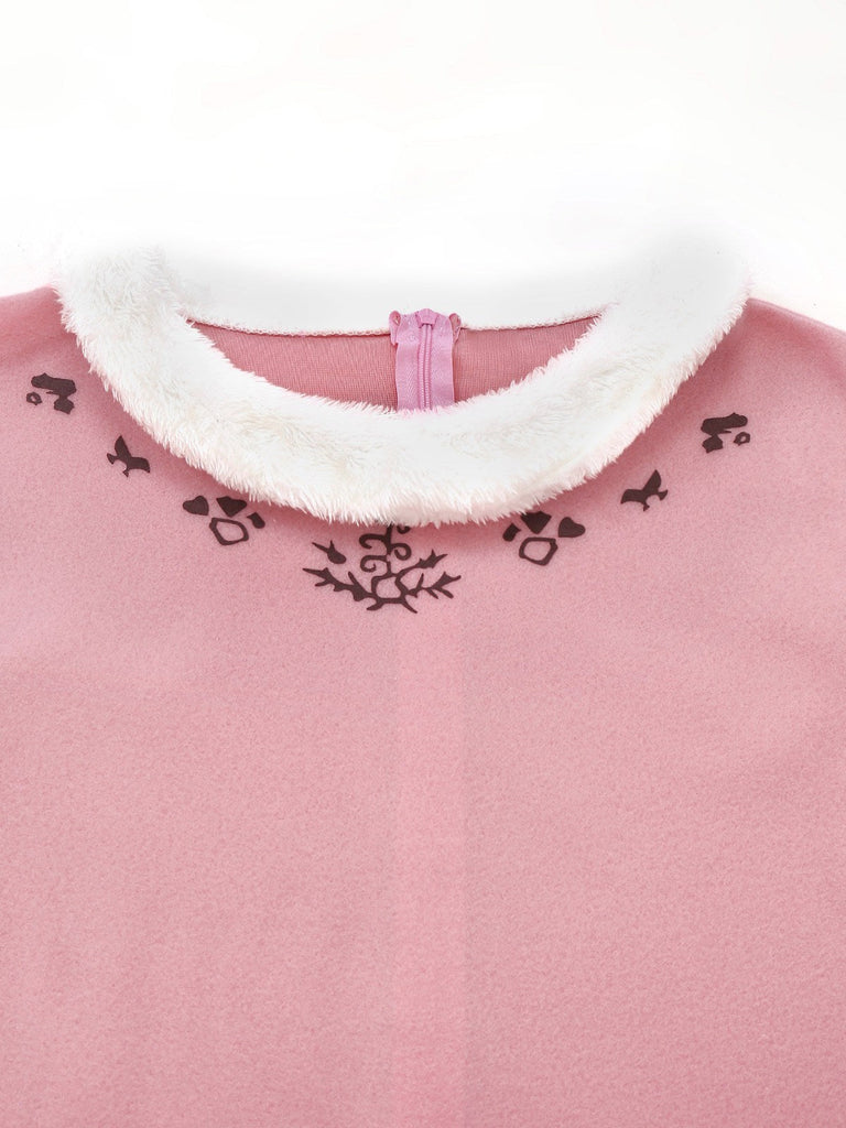 Completo con abito con orlo in peluche da elfo di Natale rosa anni '50