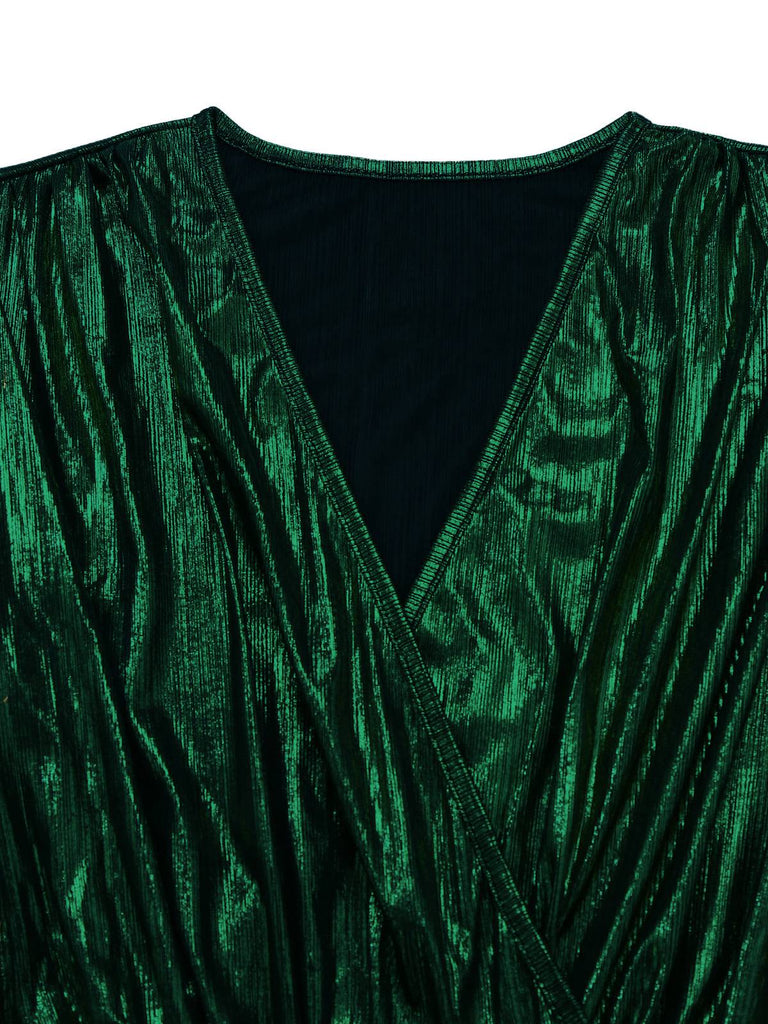 Tuta lunga metallizzata con scollo a V e maniche a lanterna verde anni '30