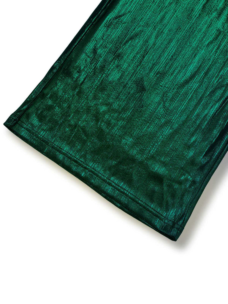 Tuta lunga metallizzata con scollo a V e maniche a lanterna verde anni '30