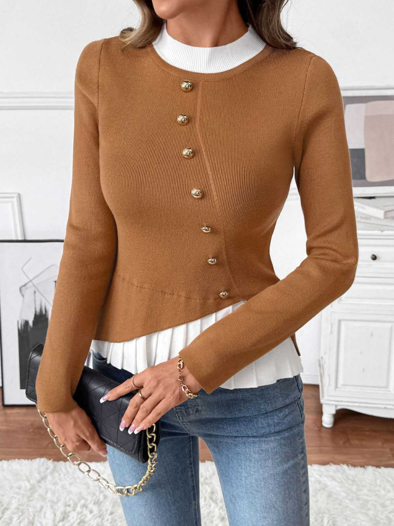 Maglia patchwork con bottoni irregolari marrone anni '70