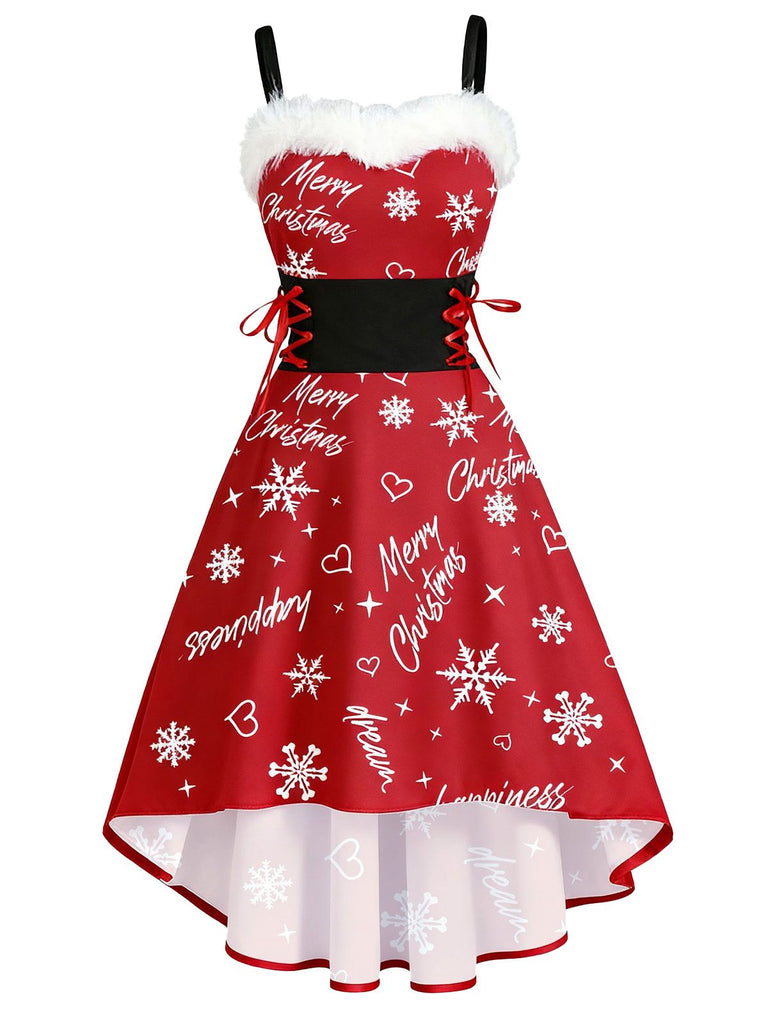 Abito natalizio a quadri in pelliccia con orlo asimmetrico anni '50