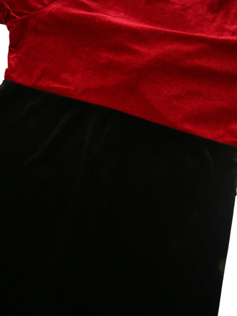 Abito aderente in velluto con scollo a V intrecciato rosso e nero anni '60