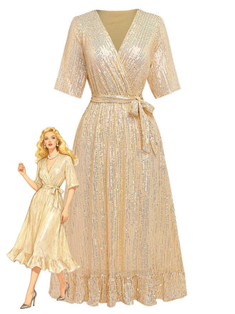 Abito con scollo a V e paillettes e orlo arricciato anni '30