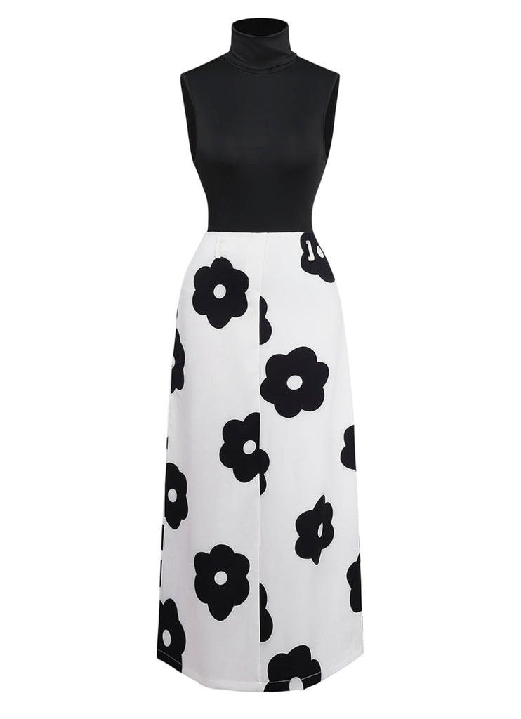 2PCS Top a collo alto e gonna floreale nero anni '30