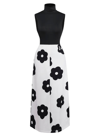 2PCS Top a collo alto e gonna floreale nero anni '30