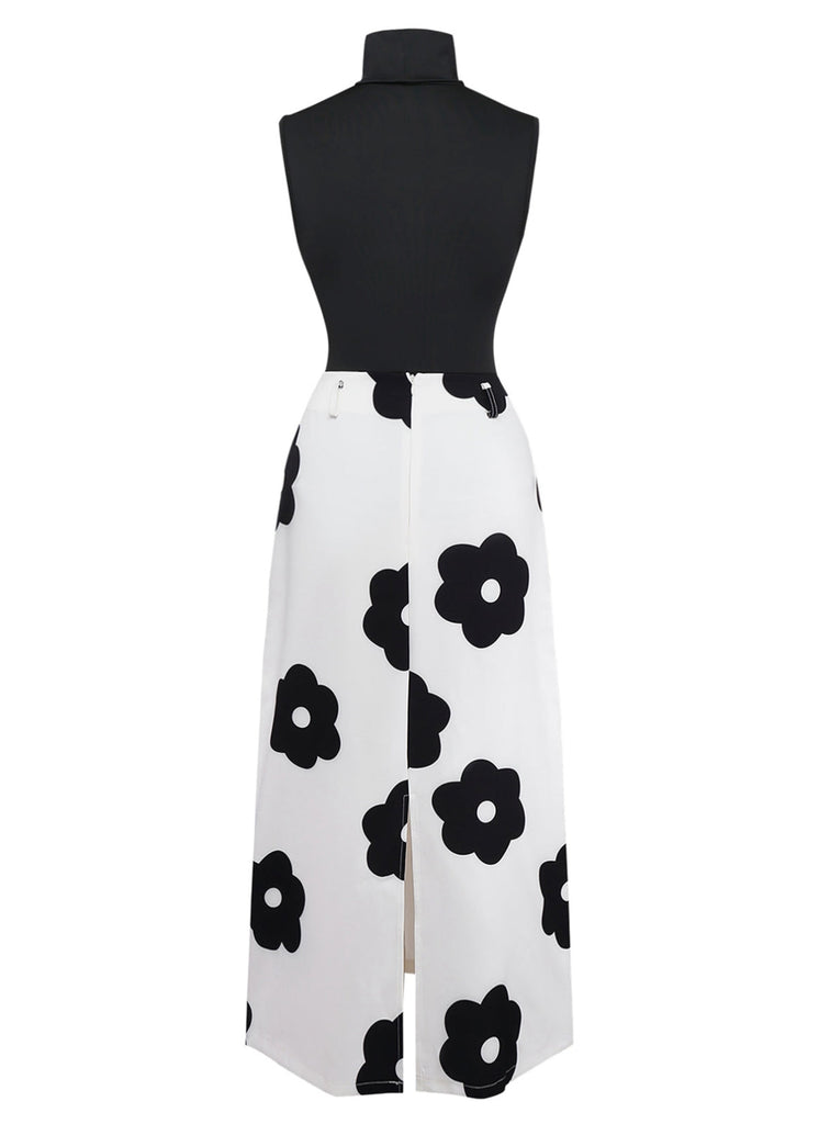 2PCS Top a collo alto e gonna floreale nero anni '30