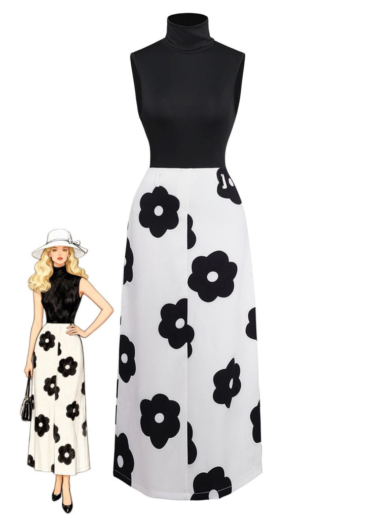 2PCS Top a collo alto e gonna floreale nero anni '30