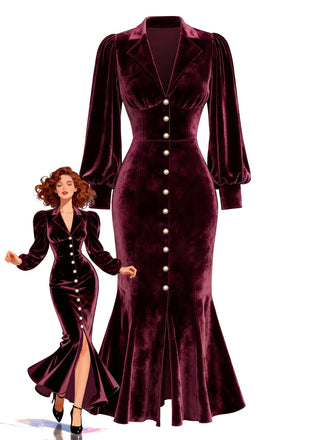 [Prevendita] Abito da sirena in velluto con maniche a lanterna rosso anni '30