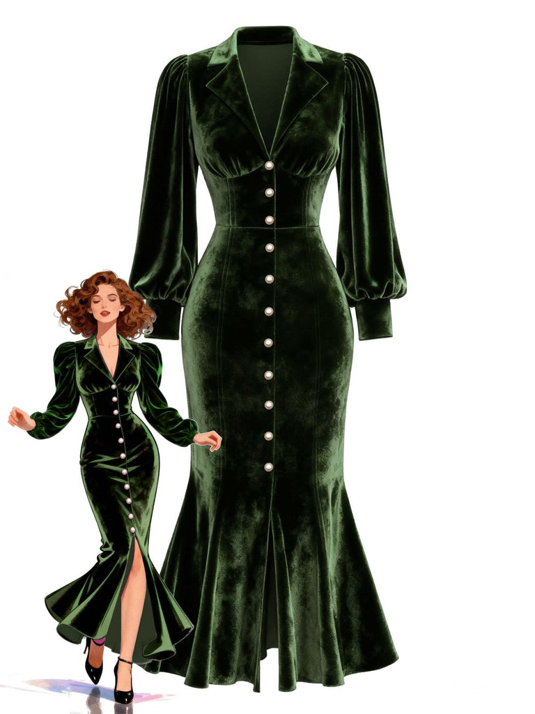 [Prevendita] Abito da sirena in velluto con maniche a lanterna verde anni '30