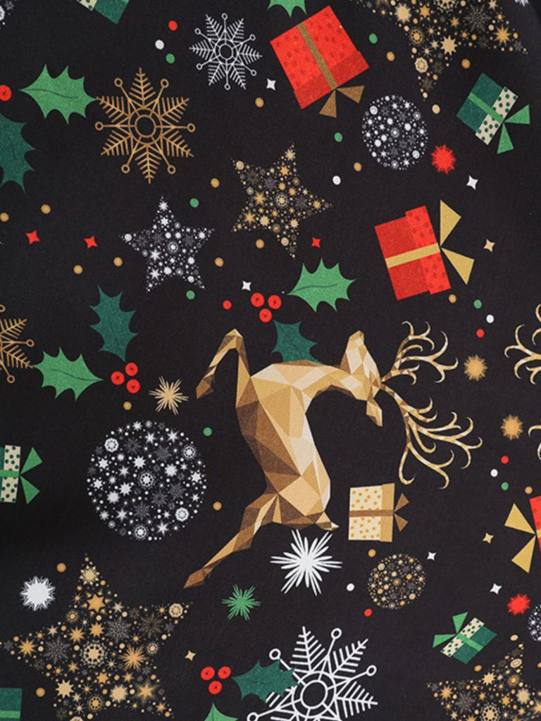 Abito con cintura e colletto a petalo stampa natalizia nero anni '50