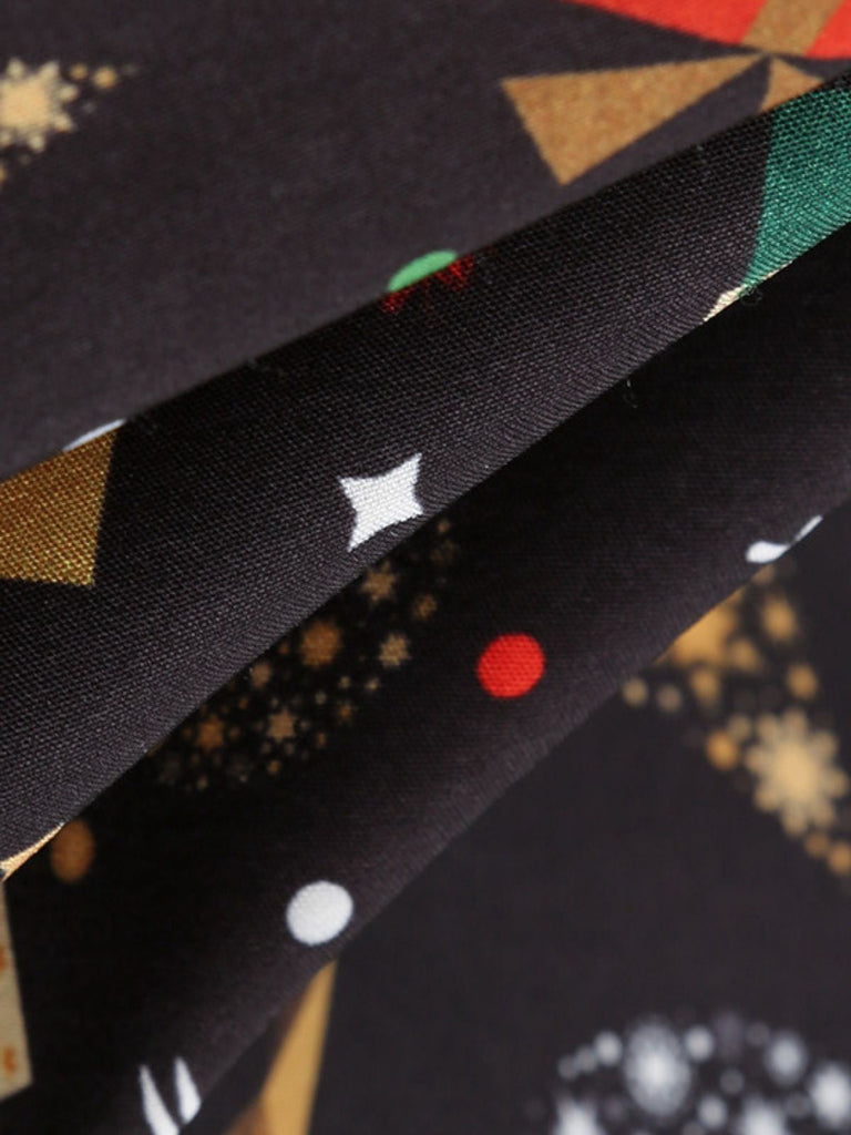 Abito con cintura e colletto a petalo stampa natalizia nero anni '50