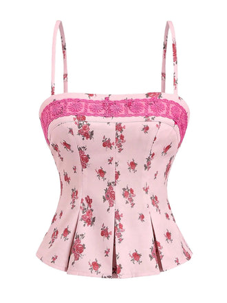 Canotta plissettata in pizzo floreale patchwork rosa anni '60