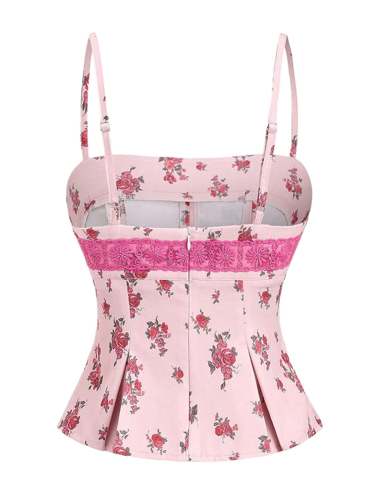 Canotta plissettata in pizzo floreale patchwork rosa anni '60