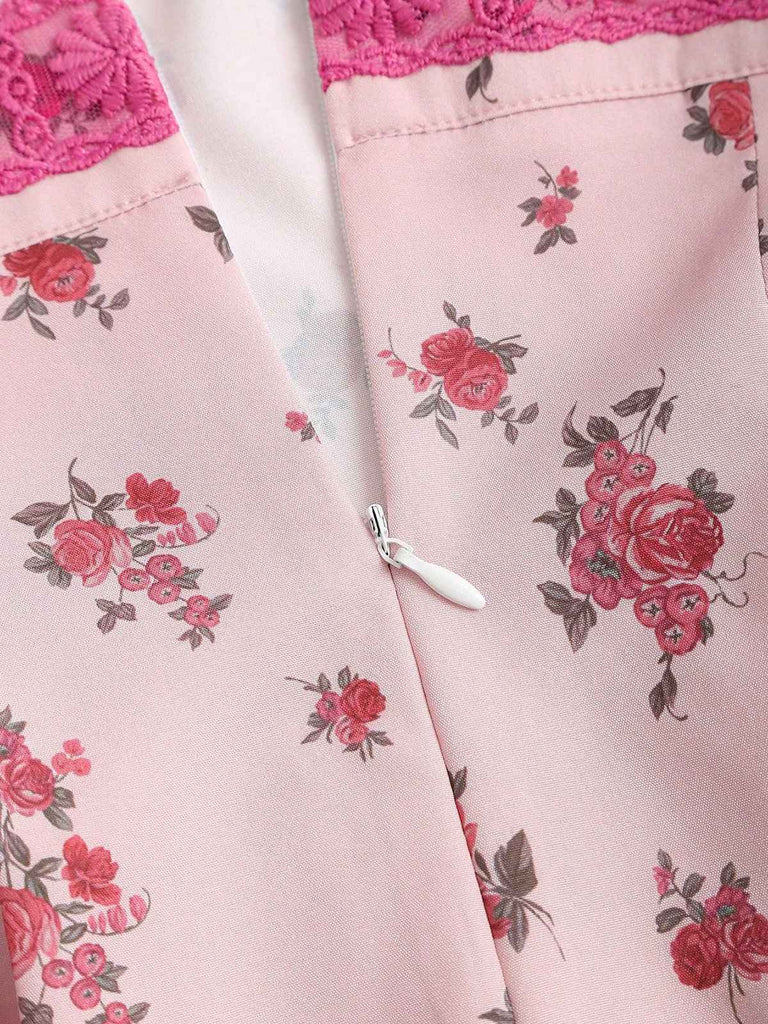 Canotta plissettata in pizzo floreale patchwork rosa anni '60