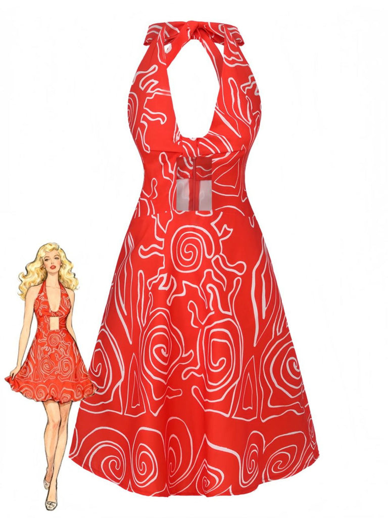 Abito con scollo a V e stampa astratta rosso anni '60