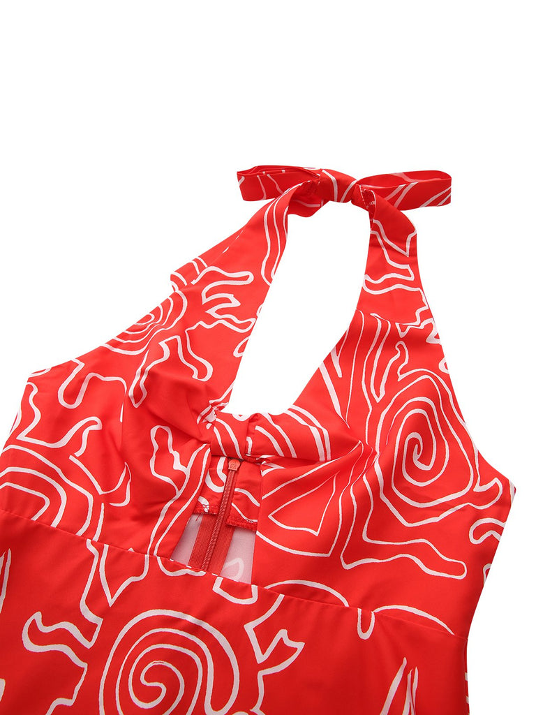 Abito con scollo a V e stampa astratta rosso anni '60