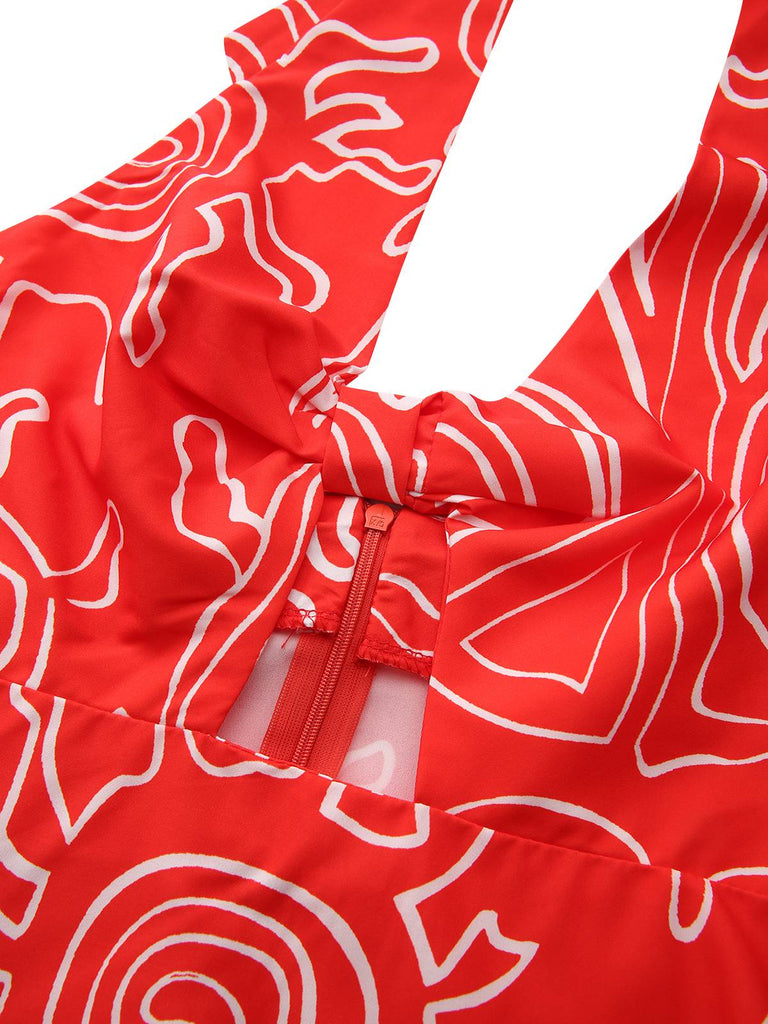 Abito con scollo a V e stampa astratta rosso anni '60